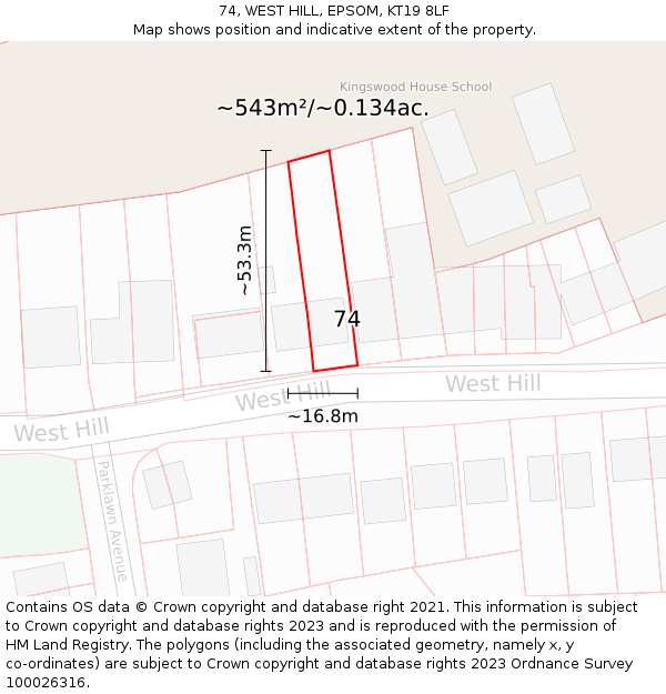 74, WEST HILL, EPSOM, KT19 8LF: Plot and title map