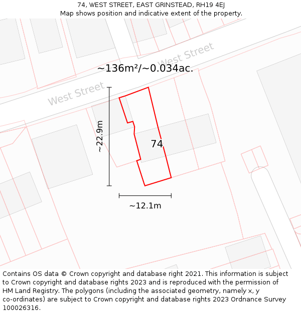 74, WEST STREET, EAST GRINSTEAD, RH19 4EJ: Plot and title map