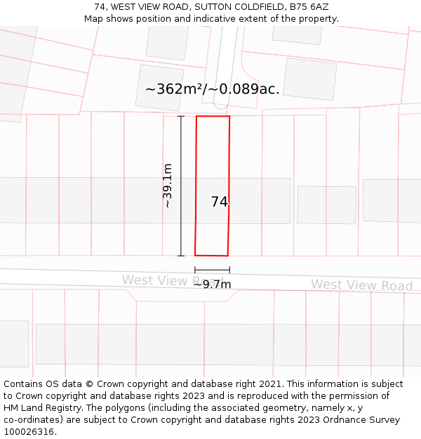 74, WEST VIEW ROAD, SUTTON COLDFIELD, B75 6AZ: Plot and title map