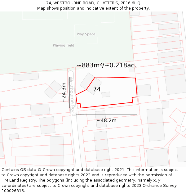 74, WESTBOURNE ROAD, CHATTERIS, PE16 6HQ: Plot and title map
