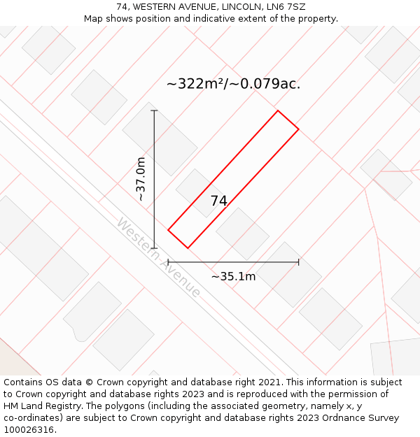 74, WESTERN AVENUE, LINCOLN, LN6 7SZ: Plot and title map