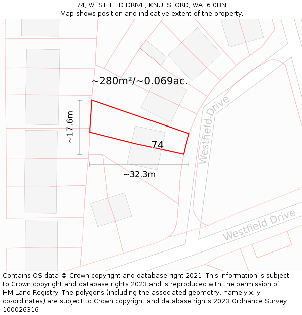 74, WESTFIELD DRIVE, KNUTSFORD, WA16 0BN: Plot and title map