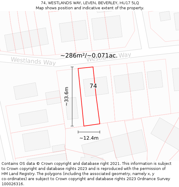 74, WESTLANDS WAY, LEVEN, BEVERLEY, HU17 5LQ: Plot and title map