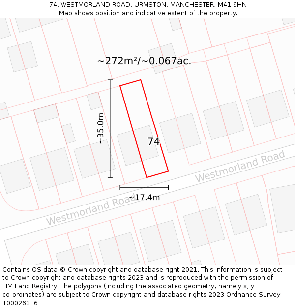 74, WESTMORLAND ROAD, URMSTON, MANCHESTER, M41 9HN: Plot and title map