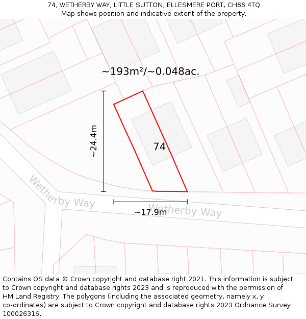 74, WETHERBY WAY, LITTLE SUTTON, ELLESMERE PORT, CH66 4TQ: Plot and title map