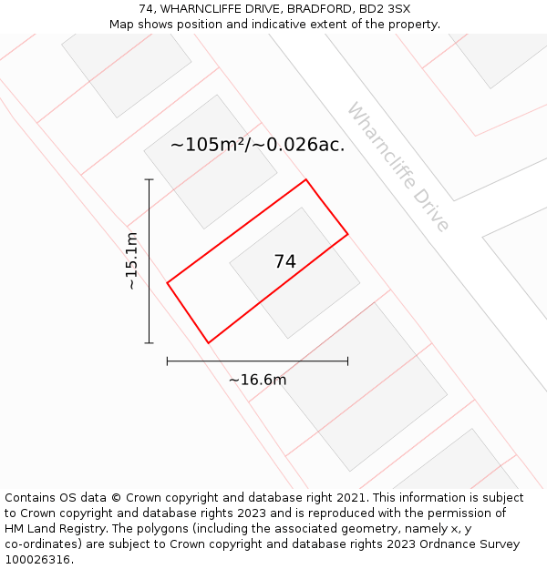 74, WHARNCLIFFE DRIVE, BRADFORD, BD2 3SX: Plot and title map