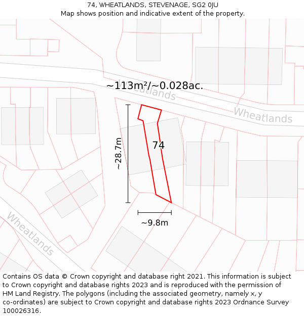 74, WHEATLANDS, STEVENAGE, SG2 0JU: Plot and title map