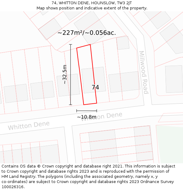 74, WHITTON DENE, HOUNSLOW, TW3 2JT: Plot and title map
