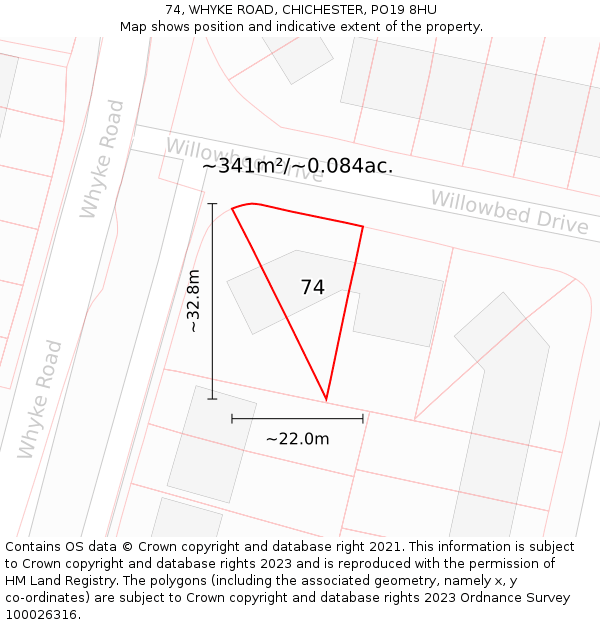 74, WHYKE ROAD, CHICHESTER, PO19 8HU: Plot and title map
