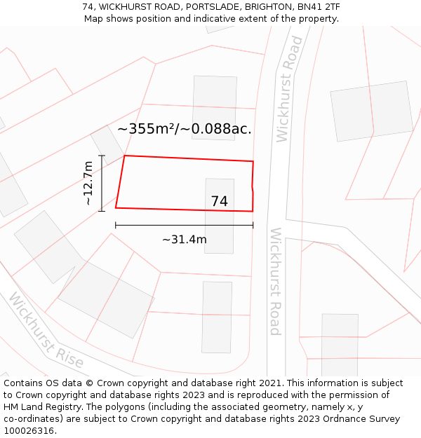 74, WICKHURST ROAD, PORTSLADE, BRIGHTON, BN41 2TF: Plot and title map