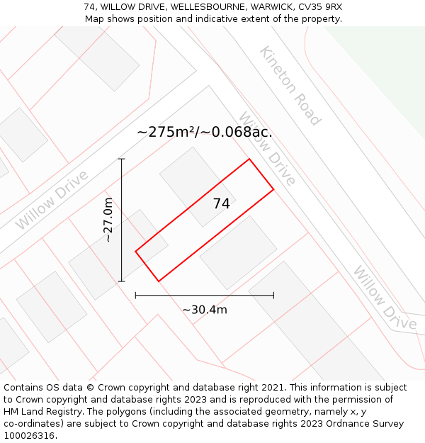 74, WILLOW DRIVE, WELLESBOURNE, WARWICK, CV35 9RX: Plot and title map