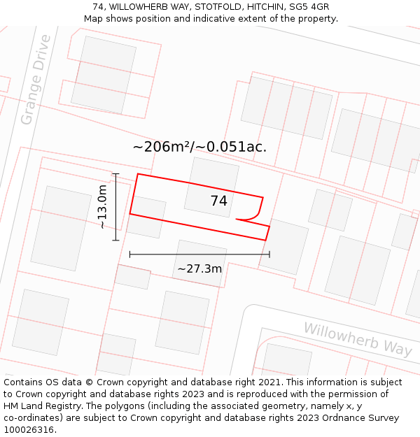 74, WILLOWHERB WAY, STOTFOLD, HITCHIN, SG5 4GR: Plot and title map