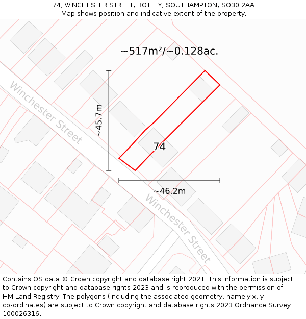74, WINCHESTER STREET, BOTLEY, SOUTHAMPTON, SO30 2AA: Plot and title map