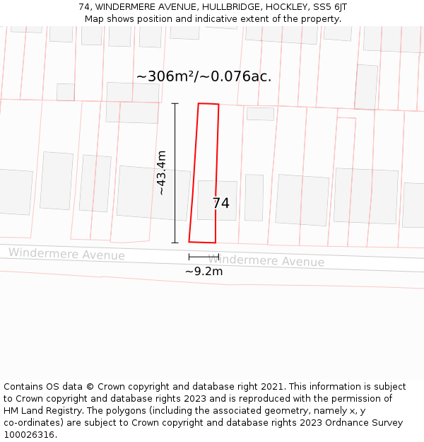 74, WINDERMERE AVENUE, HULLBRIDGE, HOCKLEY, SS5 6JT: Plot and title map