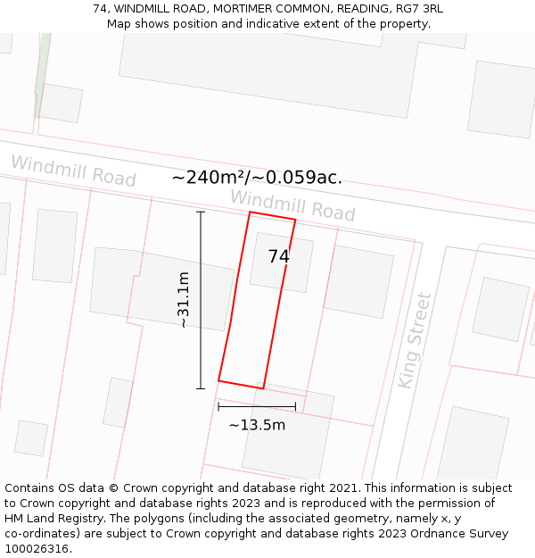74, WINDMILL ROAD, MORTIMER COMMON, READING, RG7 3RL: Plot and title map