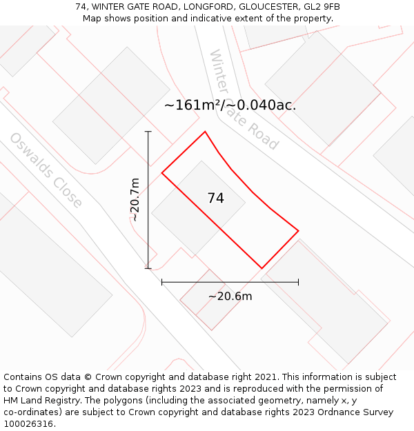 74, WINTER GATE ROAD, LONGFORD, GLOUCESTER, GL2 9FB: Plot and title map