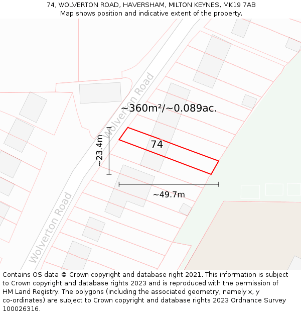 74, WOLVERTON ROAD, HAVERSHAM, MILTON KEYNES, MK19 7AB: Plot and title map