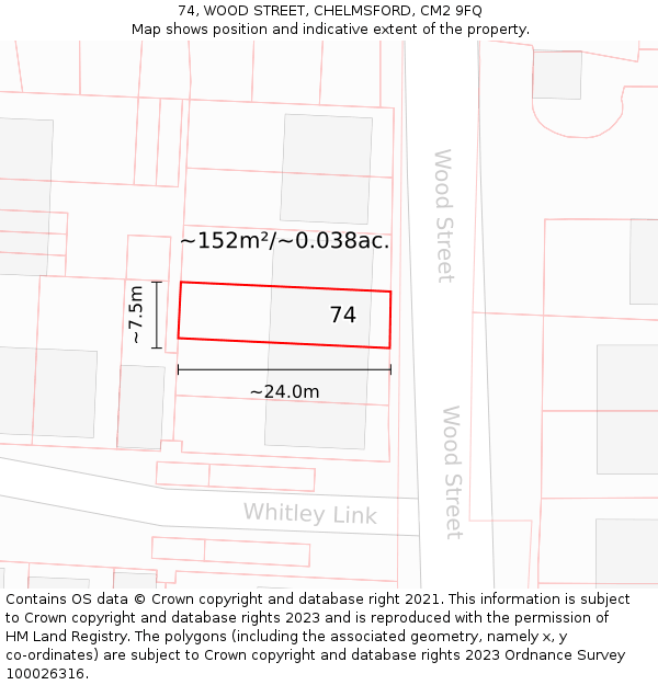 74, WOOD STREET, CHELMSFORD, CM2 9FQ: Plot and title map