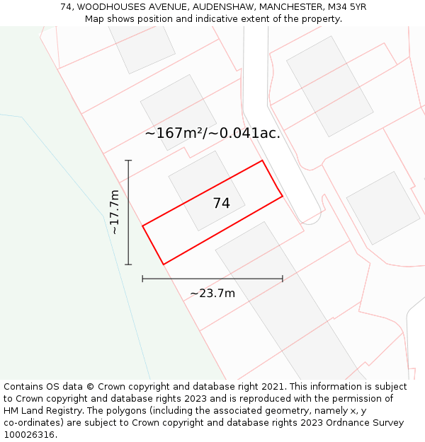 74, WOODHOUSES AVENUE, AUDENSHAW, MANCHESTER, M34 5YR: Plot and title map