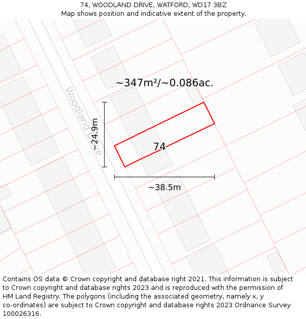 74, WOODLAND DRIVE, WATFORD, WD17 3BZ: Plot and title map