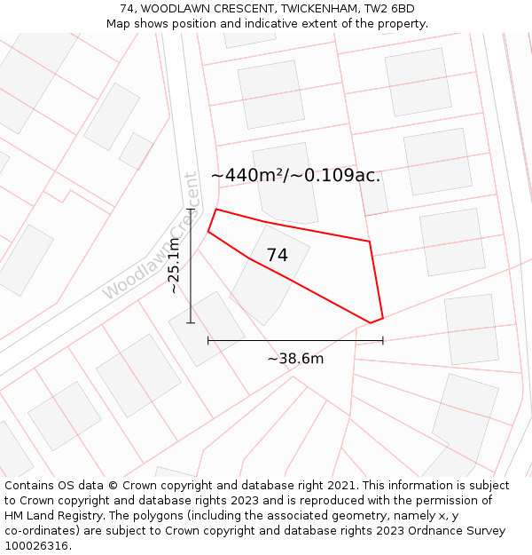 74, WOODLAWN CRESCENT, TWICKENHAM, TW2 6BD: Plot and title map