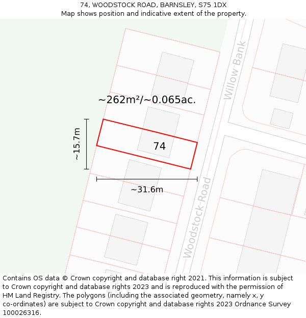74, WOODSTOCK ROAD, BARNSLEY, S75 1DX: Plot and title map
