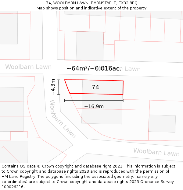 74, WOOLBARN LAWN, BARNSTAPLE, EX32 8PQ: Plot and title map