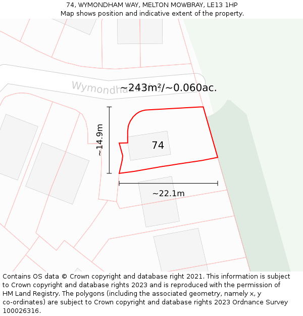 74, WYMONDHAM WAY, MELTON MOWBRAY, LE13 1HP: Plot and title map