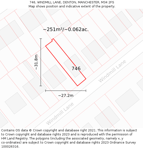746, WINDMILL LANE, DENTON, MANCHESTER, M34 2FS: Plot and title map
