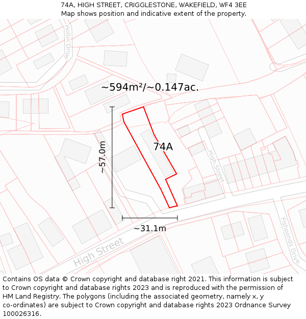 74A, HIGH STREET, CRIGGLESTONE, WAKEFIELD, WF4 3EE: Plot and title map