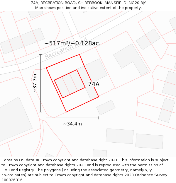 74A, RECREATION ROAD, SHIREBROOK, MANSFIELD, NG20 8JY: Plot and title map