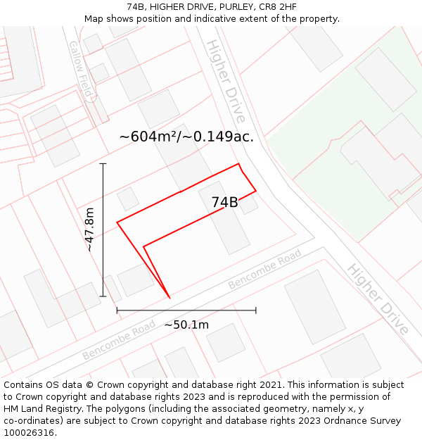 74B, HIGHER DRIVE, PURLEY, CR8 2HF: Plot and title map