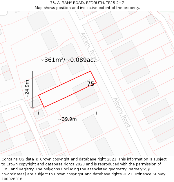 75, ALBANY ROAD, REDRUTH, TR15 2HZ: Plot and title map