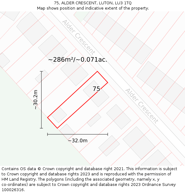 75, ALDER CRESCENT, LUTON, LU3 1TQ: Plot and title map