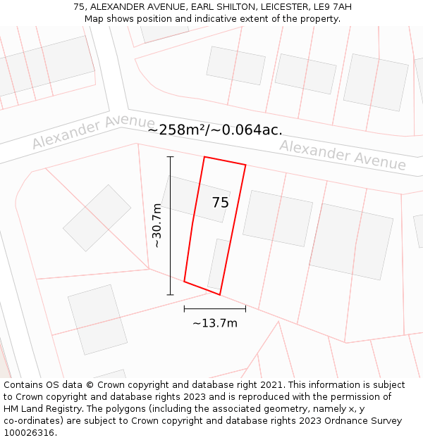 75, ALEXANDER AVENUE, EARL SHILTON, LEICESTER, LE9 7AH: Plot and title map
