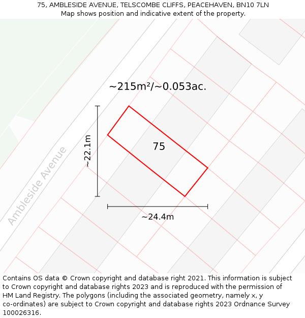 75, AMBLESIDE AVENUE, TELSCOMBE CLIFFS, PEACEHAVEN, BN10 7LN: Plot and title map