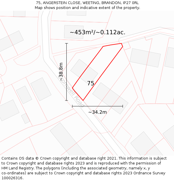75, ANGERSTEIN CLOSE, WEETING, BRANDON, IP27 0RL: Plot and title map