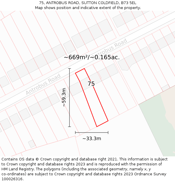 75, ANTROBUS ROAD, SUTTON COLDFIELD, B73 5EL: Plot and title map