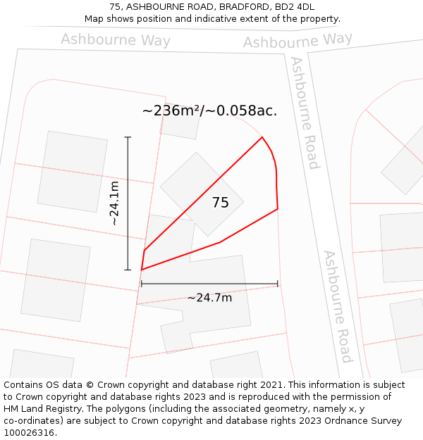 75, ASHBOURNE ROAD, BRADFORD, BD2 4DL: Plot and title map