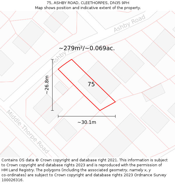 75, ASHBY ROAD, CLEETHORPES, DN35 9PH: Plot and title map