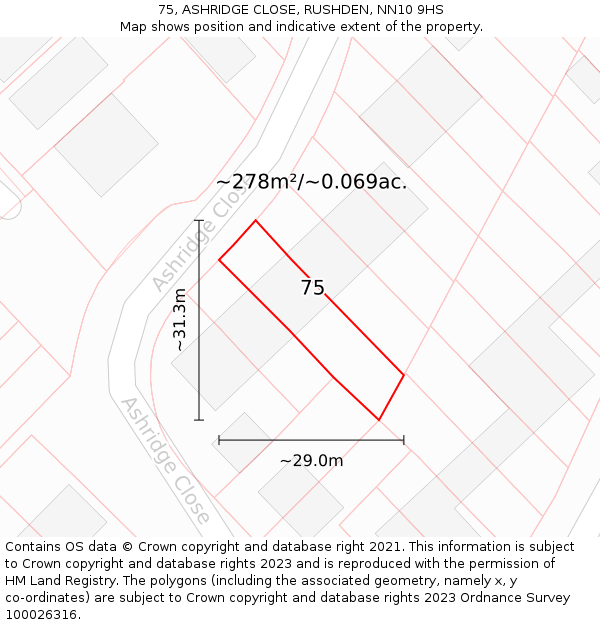 75, ASHRIDGE CLOSE, RUSHDEN, NN10 9HS: Plot and title map