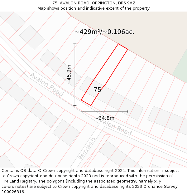 75, AVALON ROAD, ORPINGTON, BR6 9AZ: Plot and title map