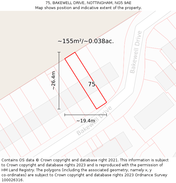 75, BAKEWELL DRIVE, NOTTINGHAM, NG5 9AE: Plot and title map