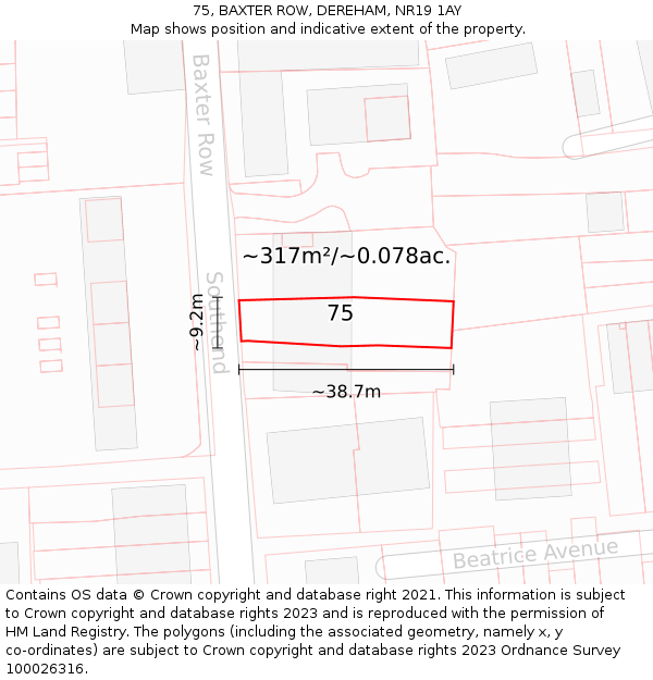 75, BAXTER ROW, DEREHAM, NR19 1AY: Plot and title map