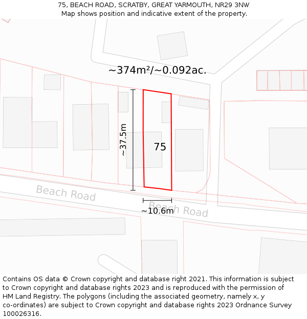 75, BEACH ROAD, SCRATBY, GREAT YARMOUTH, NR29 3NW: Plot and title map