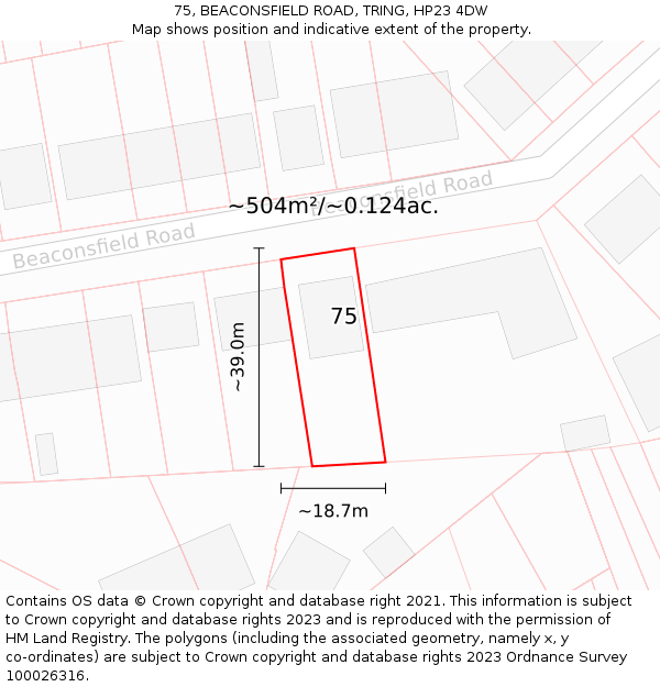 75, BEACONSFIELD ROAD, TRING, HP23 4DW: Plot and title map
