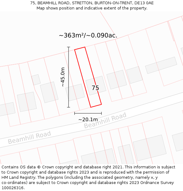75, BEAMHILL ROAD, STRETTON, BURTON-ON-TRENT, DE13 0AE: Plot and title map