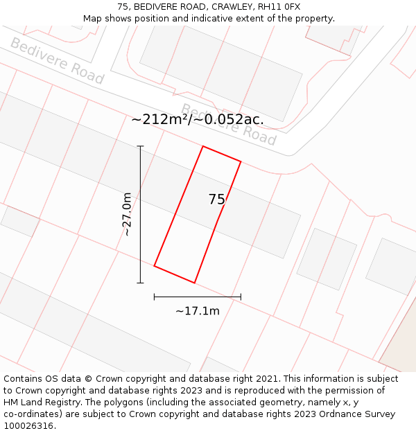 75, BEDIVERE ROAD, CRAWLEY, RH11 0FX: Plot and title map