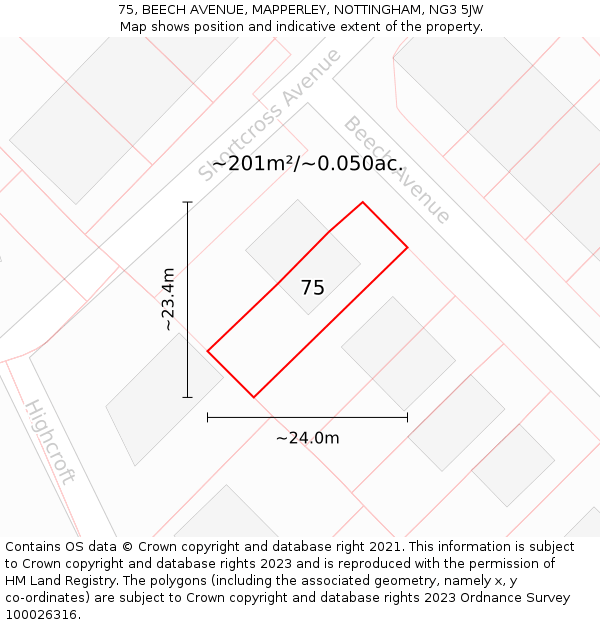 75, BEECH AVENUE, MAPPERLEY, NOTTINGHAM, NG3 5JW: Plot and title map