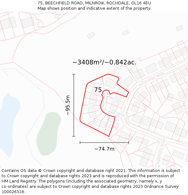 75, BEECHFIELD ROAD, MILNROW, ROCHDALE, OL16 4EU: Plot and title map